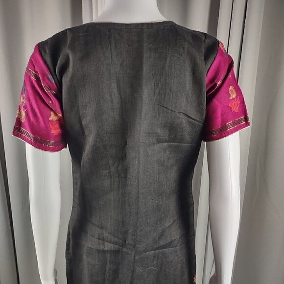 Artisanal Embroidered Linen Dress with Magenta Silk Sleeves Size M (Approximate) - Picture 5 of 16